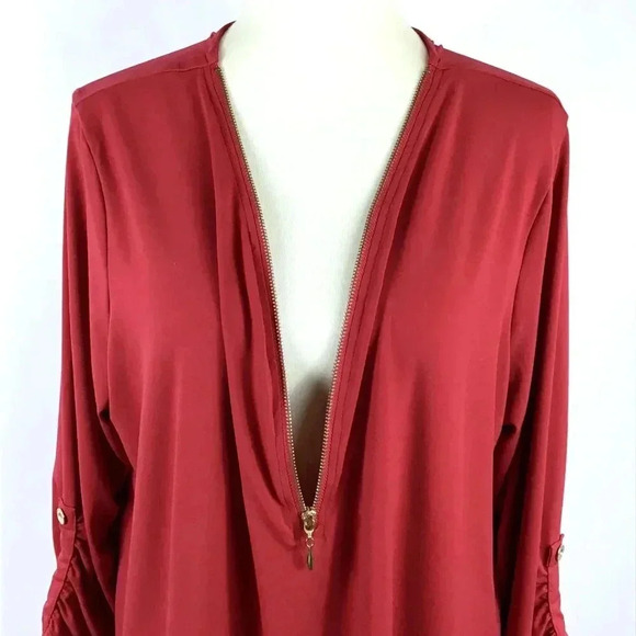 Women's Red Tunic Top Zenana Outfitters 3X Gold 1/3 Zip Popover Ruched Stretchy - Picture 3 of 11